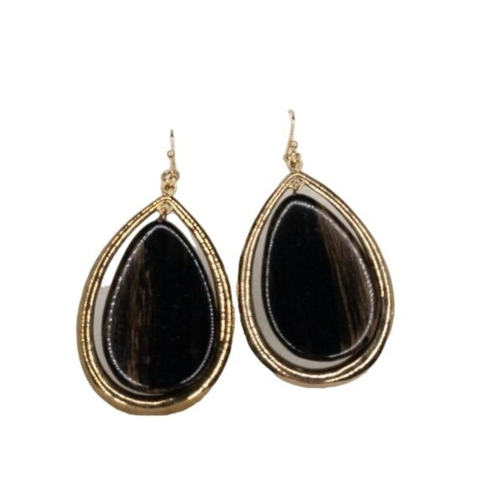 Teardrop Gold Tone Earrings With Brown Faux Wood Accent